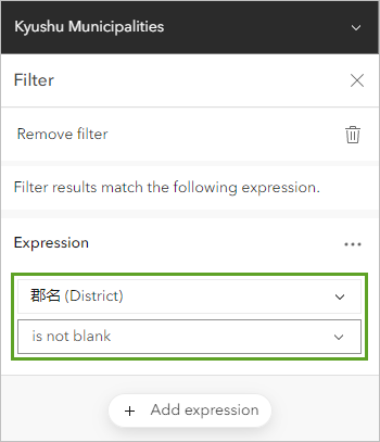 过滤器表达式已设置为“郡名 (District) 不为空”。
