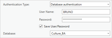 “身份验证类型”、“用户名”、“密码”和“数据库”参数