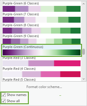 “紫-绿色（连续）”配色方案以及“显示名称”和“显示全部”复选框