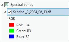 “内容”窗格中的 Sentinel_2_2024_08_13.tif 图像