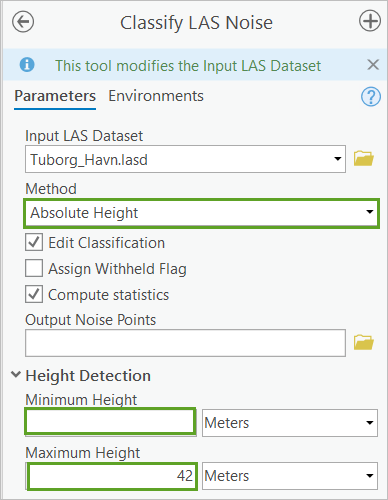 “分类 LAS 噪点”工具参数，其中“方法”设置为“绝对高度”