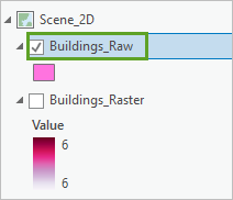 在“内容”窗格中选择的 Buildings_Raw 图层