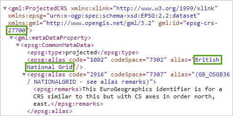 XML 文件中的 EPSG 代码和坐标系名称