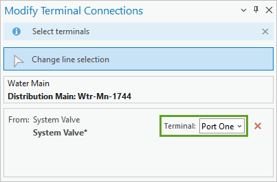 在“修改终端连接”窗格中，将“起始终端”设置为 Port One。
