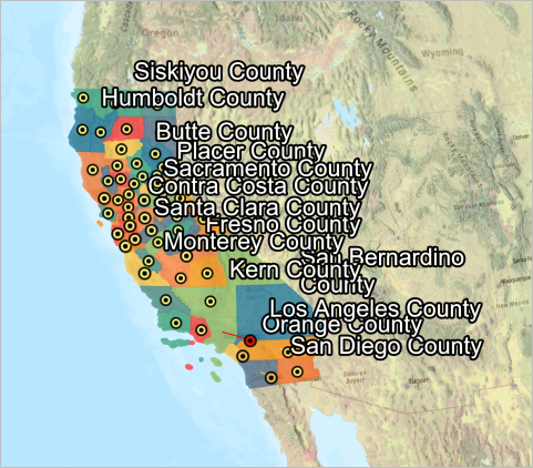 地图上的加利福尼亚州各县