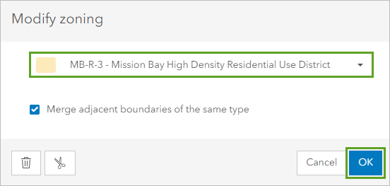 选择 MB-R-3 Mission Bay High Density Residential Use District 以将宗地的分区更改为新提议分区类型