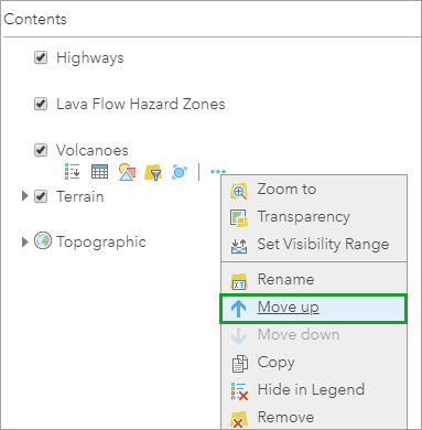 Volcanoes 图层的“上移”选项