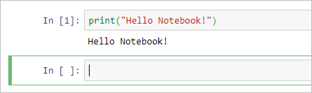 Hello Notebook 将显示在单元格下方，且会添加一个新的单元格。