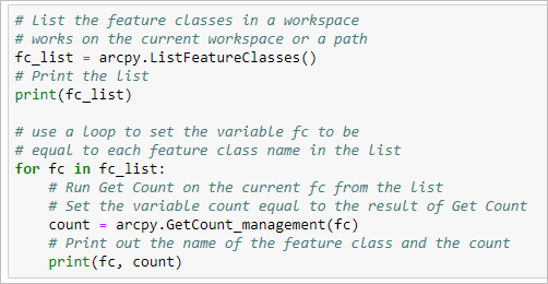 用于列出工作空间中的要素类并返回其要素计数的代码