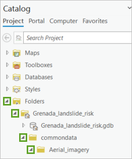 已展开 Folders、Grenada_landslide_risk、commondata 和 Aerial-imagery