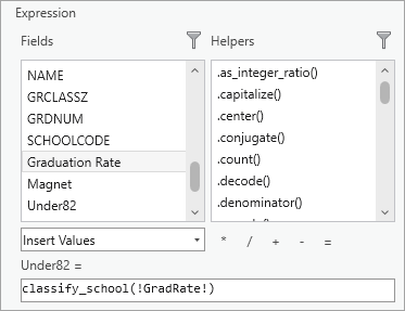 在“表达式”框中具有字段参数的 Classify_school 函数