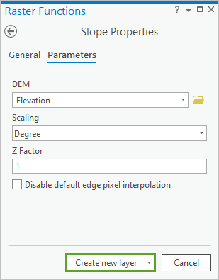 在“坡度属性栅格函数”窗格中将 DEM 设置为高程