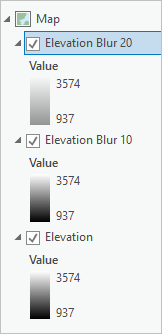 “内容”窗格中的 Elevation Blur 20 图层，采用半透明黑色配色方案
