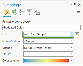 Temperature 图层的“符号系统”窗格，其中字段已设置为 Aug Avg. Temp C