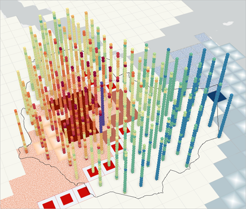 具有红黄蓝配色方案的埃塞俄比亚 3D 数据的自上而下视图