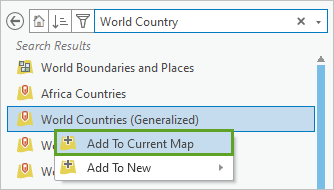 World Countries (Generalized) 图层快捷菜单中的“添加至当前地图”选项