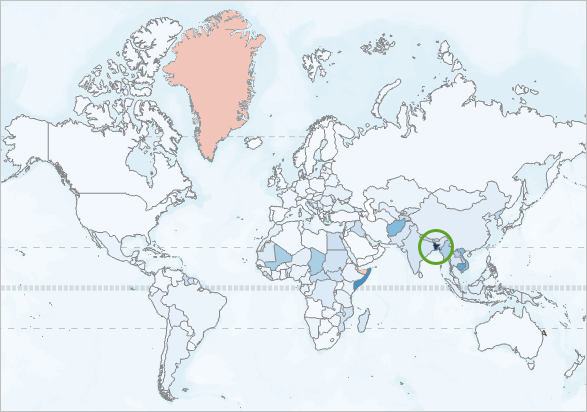地图中孟加拉国以绿色圈出