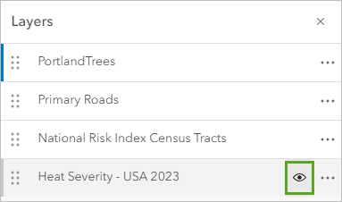 “图层”窗格中 Heat Severity - USA 2023 图层的“显示图层”按钮