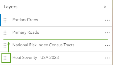 在“图层”窗格中，将 Heat Severity - USA 2023 图层拖动到 National Risk Index Census Tracts 图层上方。