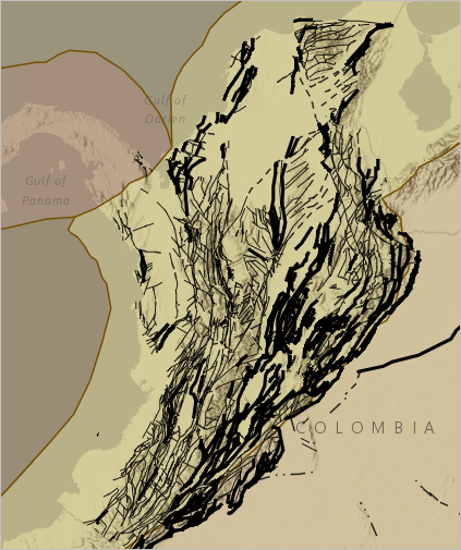 哥伦比亚境内的断层线地图
