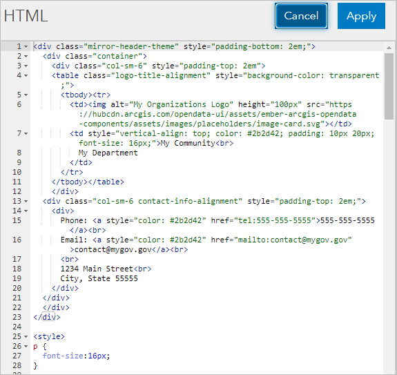 页脚的 HTML 代码编辑器