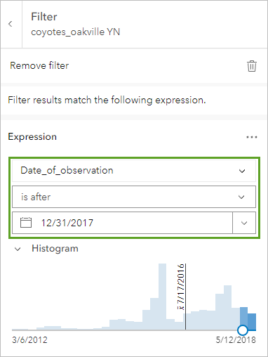 “过滤器”窗格中表达式已设置为 Date_of_observation is after 12/31/2017