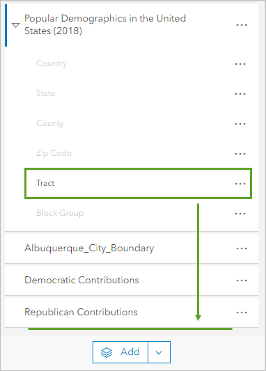 将 Tract 图层拖至图层窗格中的 Republic Contributions 图层下方