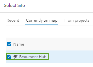 在“当前在地图上”选项卡上选中 Beaumont Hub