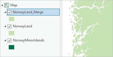 “内容”窗格和地图上的 NorwayLand_Merge 图层