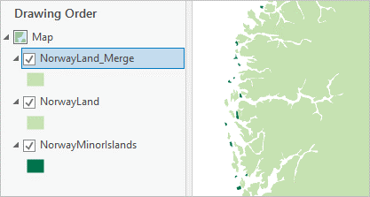 “内容”窗格和地图上的 NorwayLand_Merge 图层