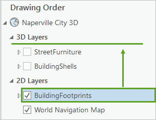 将 BuildingFootprints 拖动到“3D 图层”组中。