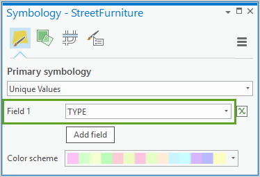 在“符号系统 - StreetFurniture”中，“唯一值”“字段 1”显示了 TYPE