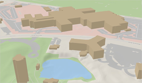 建筑物图层显示了 3D 建筑物形状