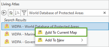 通过“添加至当前地图”将 WDPA 图层添加至地图