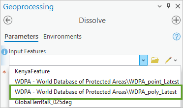 在“融合”窗格的“参数”选项卡上选择 WDPA – World Database of Protected Areas\WDPA_poly_Latest