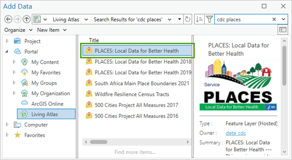 “添加数据”窗口中的 PLACES: Local Data for Better Health 图层组