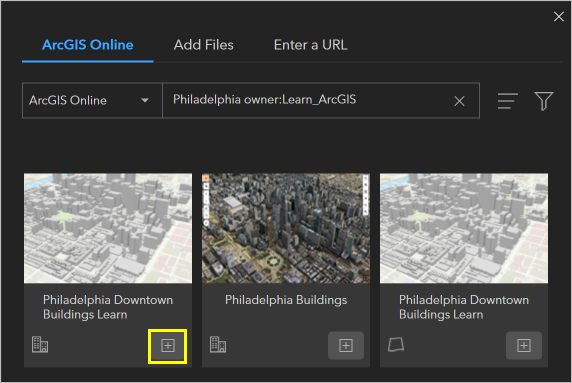 Philadelphia Downtown Buildings Learn 场景图层的“添加”按钮