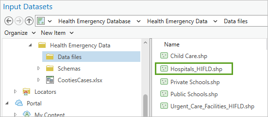 在“输入数据集”窗口中选择了 Hospitals_HIFLD.shp