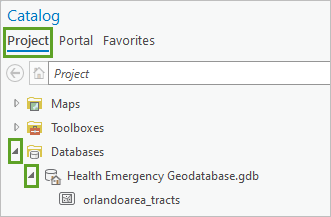 “目录”窗格中的“工程”选项卡中展开的“数据库”和 Health Emergency Geodatabases.gdb