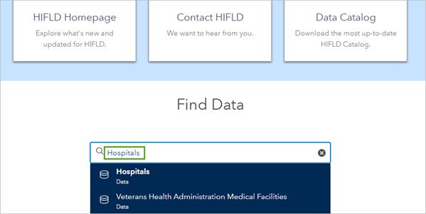 在 HIFLD Open Data 网站的“查找数据”下输入的 Hospitals