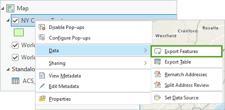 “内容”窗格中 NY Census Tracts 图层的“数据”菜单中的“导出要素”选项