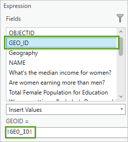 “计算字段”表达式将 GEOID 字段设置为等于 GEO_ID 值