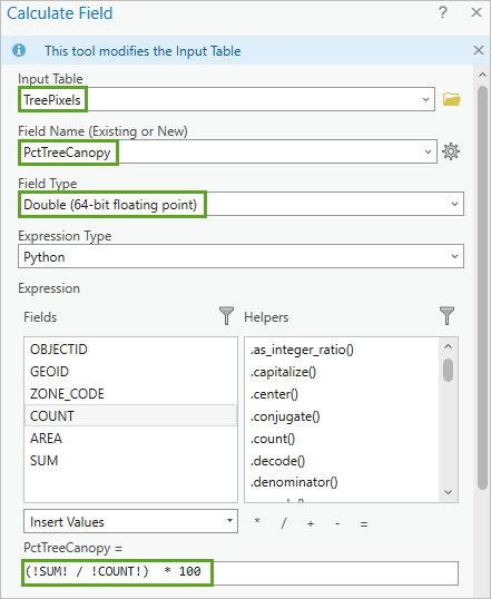 用于计算每个人口普查区域的树冠百分比的“计算字段”参数