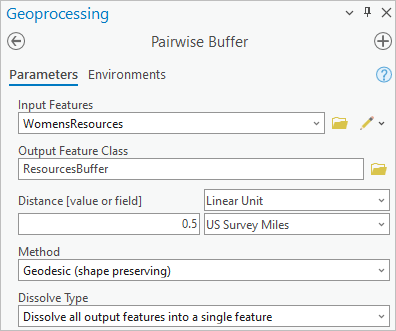 在“成对缓冲”工具中输入的参数用于在 WomensResources 图层周围创建缓冲区
