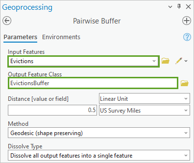 更新“成对缓冲”工具中的“输入要素”和“输出要素类”参数，以在 Evictions 点图层周围创建缓冲区