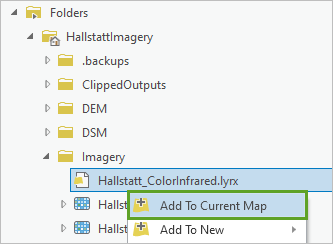 目录窗格上 Imagery 文件夹中的 Hallstatt_ColorInfrared.lyrx 的“添加至当前地图”