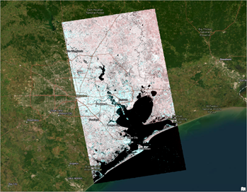 地图上的 Galveston_Bay_S1_GRD_TNR_CalB0_RTFG0_Dspk_GTC_dB.crf 栅格图层