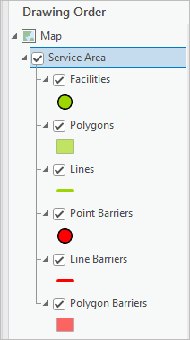服务区输入和输出图层已添加到“内容”窗格中。