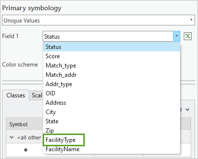 选择 FacilityType 作为唯一值符号系统字段。