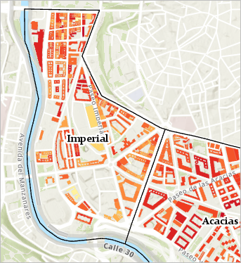 地图上的 Imperial 邻域包含红色和橙色建筑物